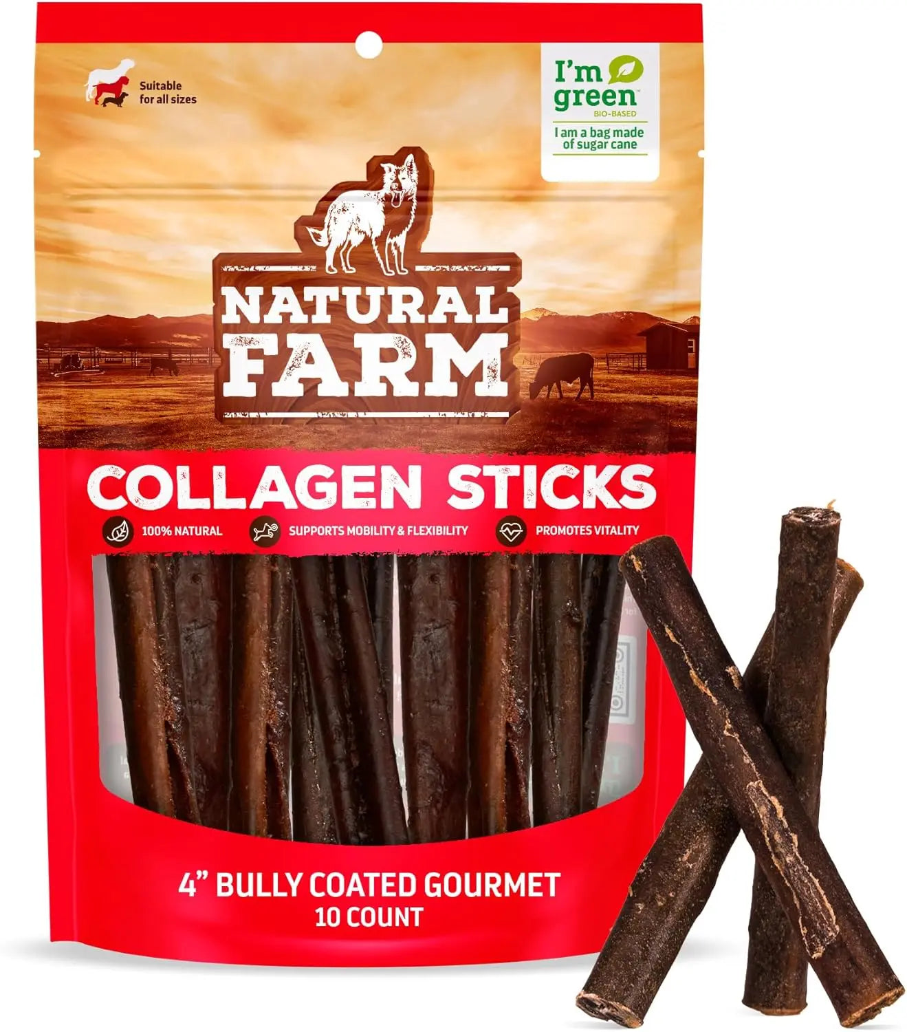 Natural Farm 4-In Gourmet Collagen Treat Stick Rawhide Alternatives - 10 Count, 95% Collagen, Premium Beef, Long-Lasting Dog Chew Treats, Chewy Rawhide