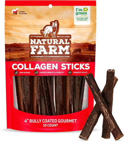 Natural Farm 4-In Gourmet Collagen Treat Stick Rawhide Alternatives - 10 Count, 95% Collagen, Premium Beef, Long-Lasting Dog Chew Treats, Chewy Rawhide
