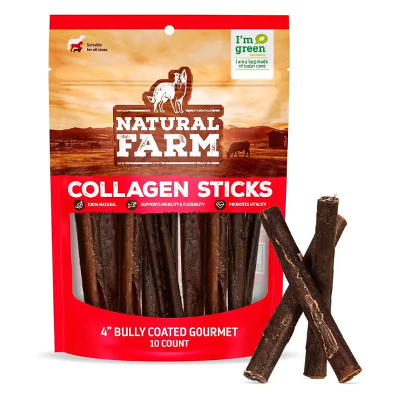 Natural Farm 4-In Gourmet Collagen Treat Stick Rawhide Alternatives - 10 Count, 95% Collagen, Premium Beef, Long-Lasting Dog Chew Treats, Chewy Rawhide
